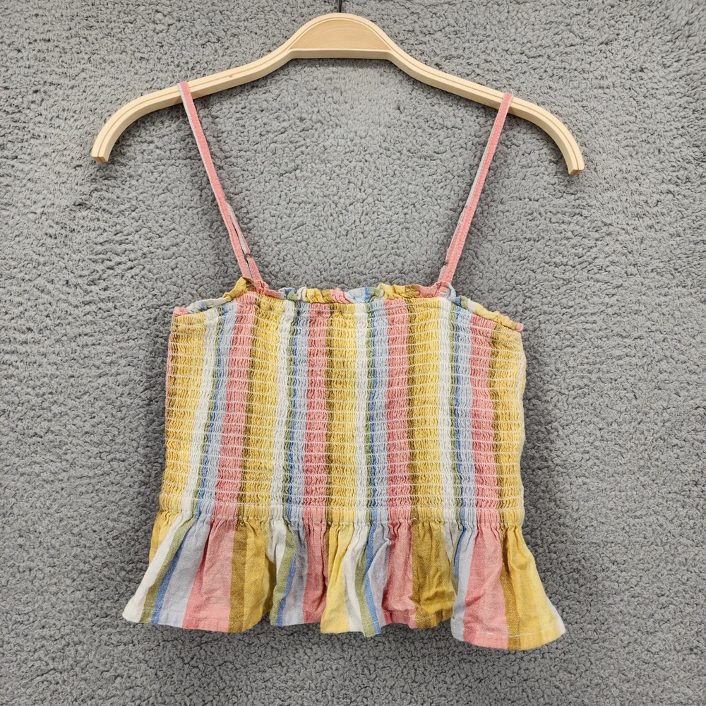 Billabong‎ Womens Smocked Crop Top Multi Color Striped Ruffle Hem Medium